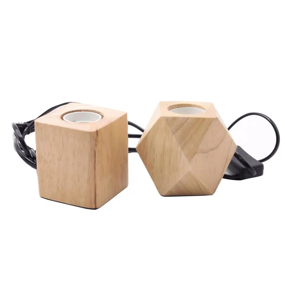 Retro wood lamp holder in square shape with hanging wire, natural wood finish, 75x80mm, E27 socket