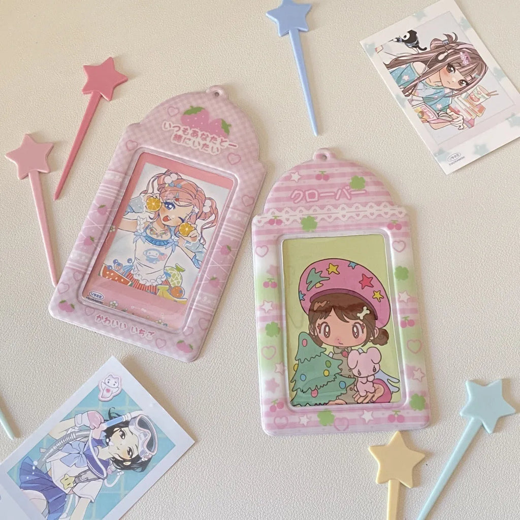 Cartoon strawberry or four-leaf clover PVC meal card holder measuring 7.6cm by 13.6cm