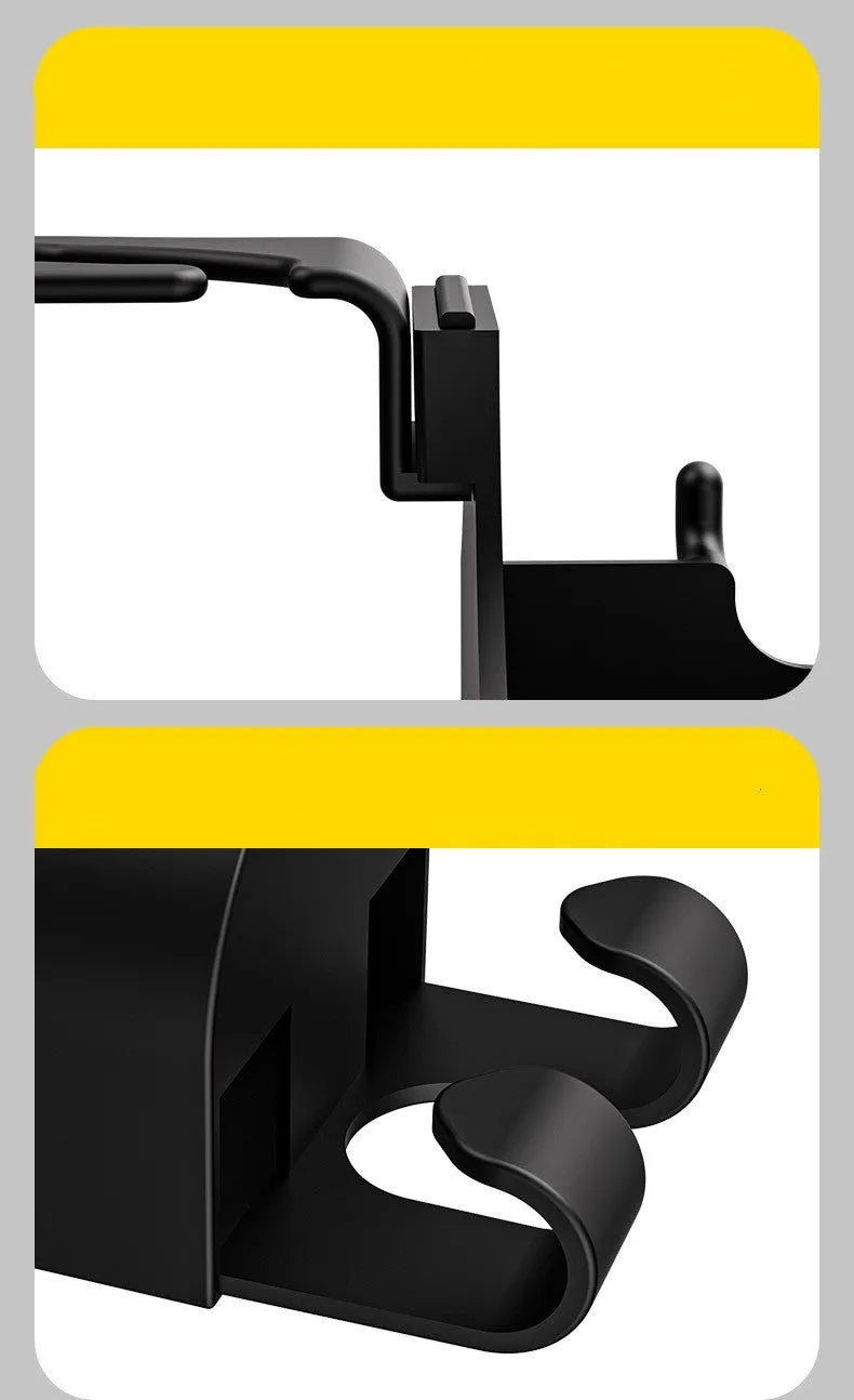 Black plastic car hook seat back organiser with cup holder and dual hooks mounted on headrest