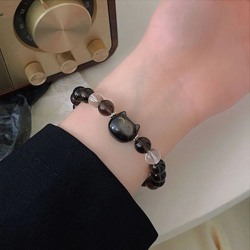 Women's cat head bracelet with natural opal beads 8mm round silver tone charm classic style