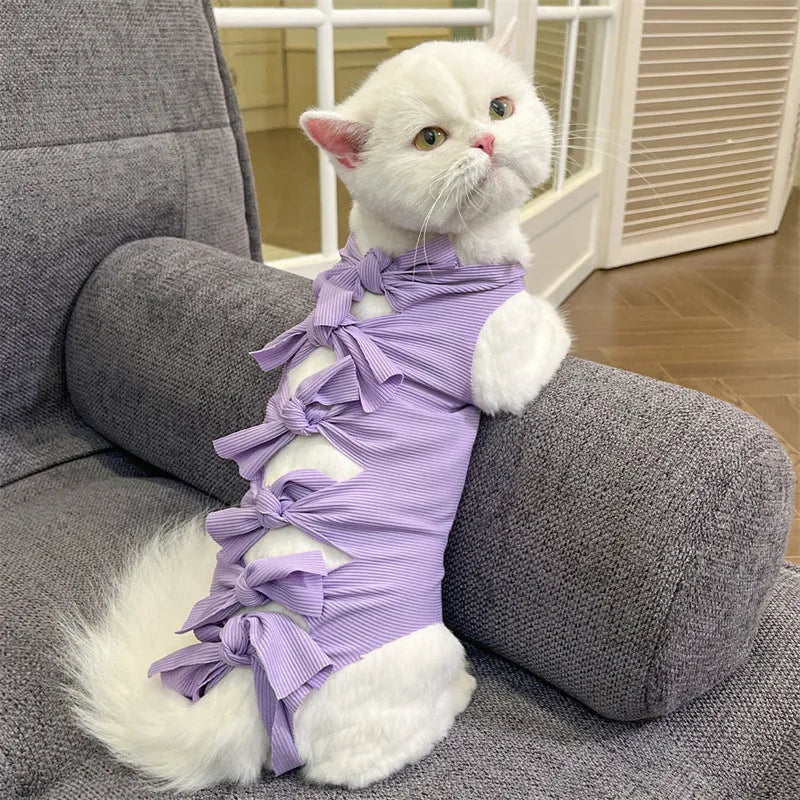 Lace-up polyester cat recovery suit for post-sterilisation surgery in blue colour, size large.