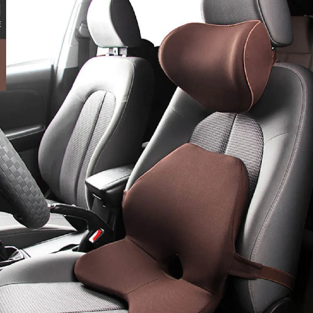Memory cotton car lumbar support cushion in beige, shown in both waist pad only and waist pad with headrest styles.