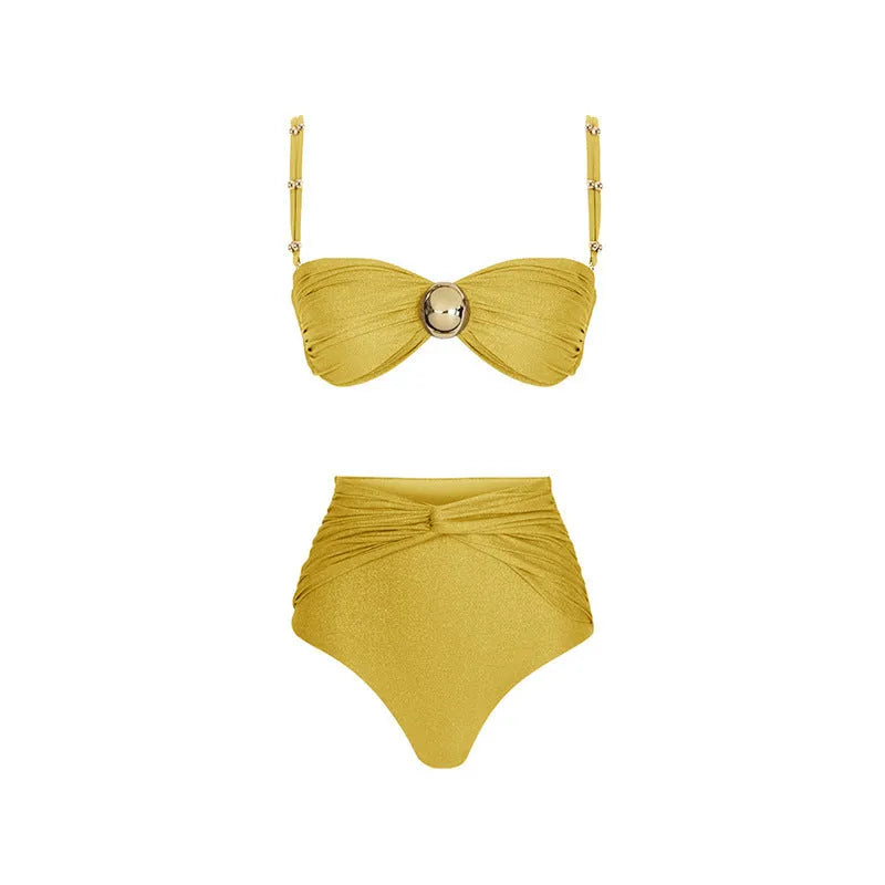 Women's high waist bikini swimsuit set with skirt cover-up in yellow split or green colour