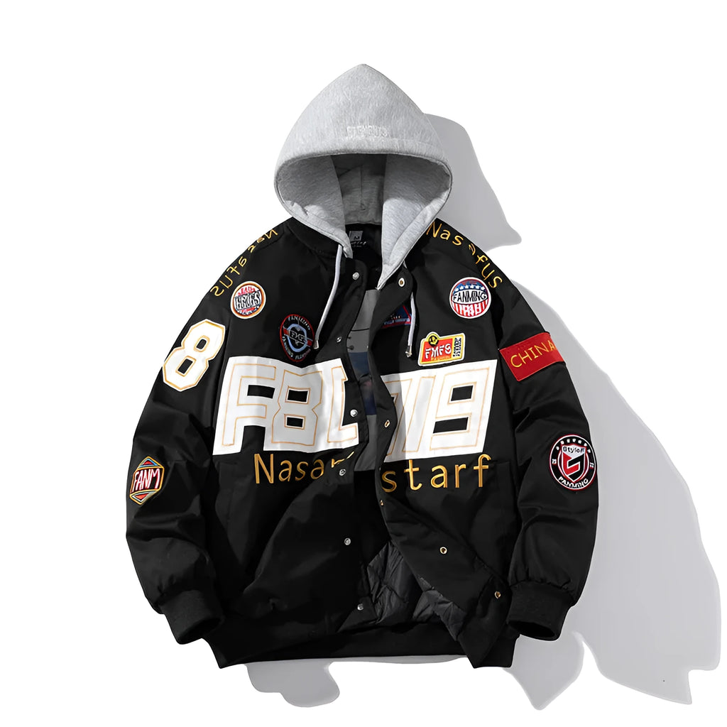 Black motorcycle baseball uniform with hood and side pockets, shown on mannequin
