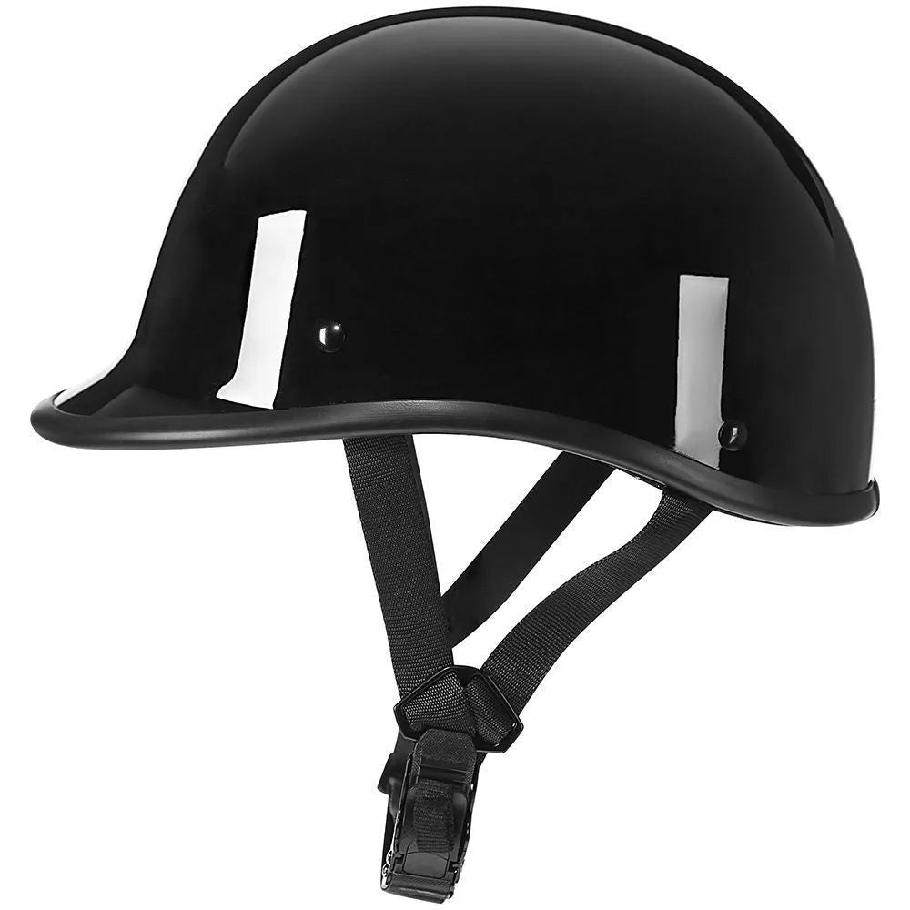 Retro hand curved ABS motorcycle helmet in matte black with visor, side view