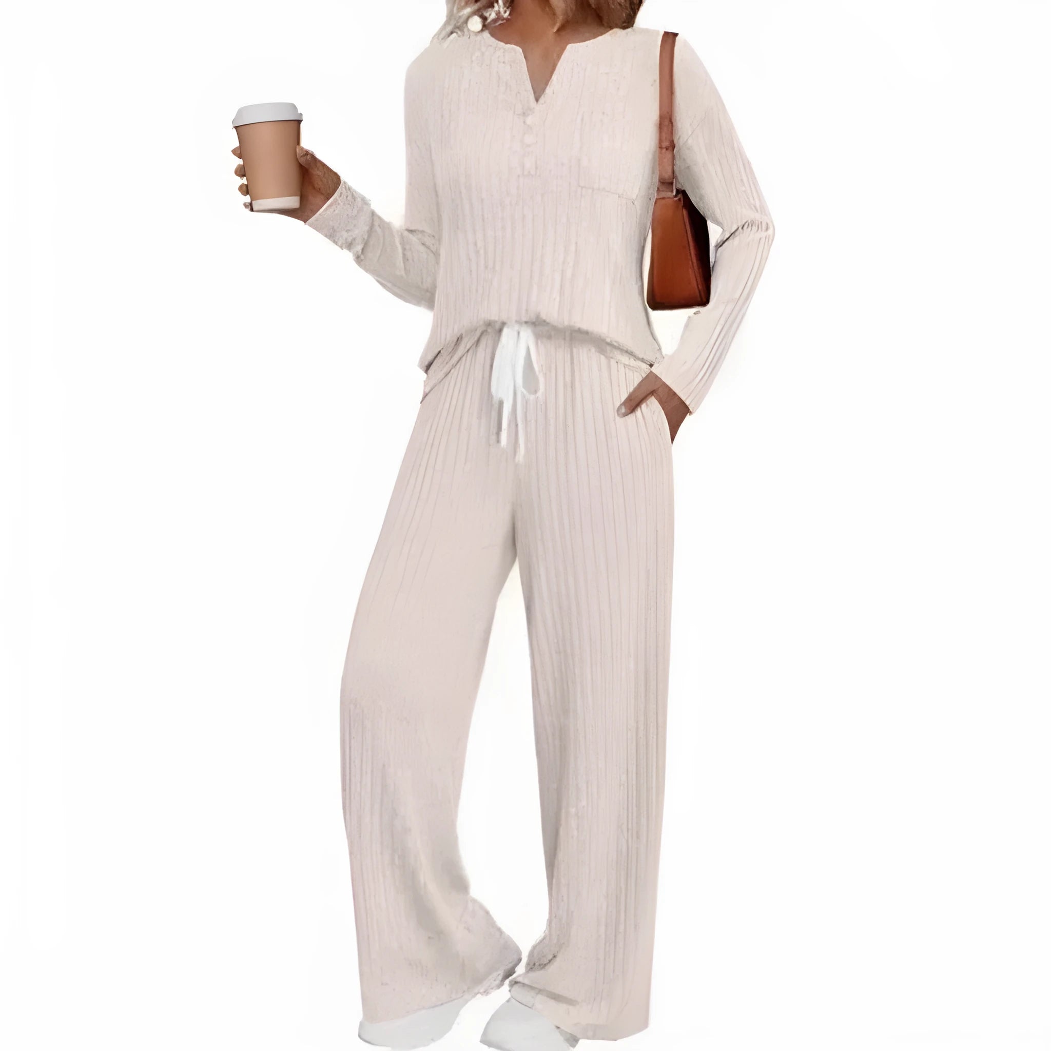 V-neck striped knit long coat with pockets and matching pants in light gray, six colour options