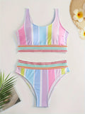 Women's striped two-piece bikini swimwear set with European and American fit sizing