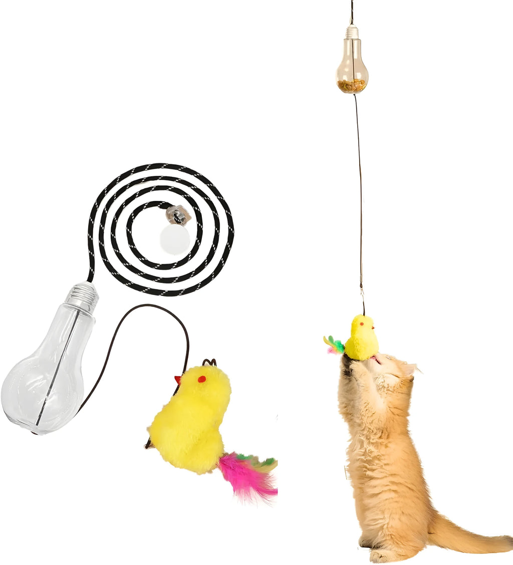 Gray creative interactive cat toy hanging on door frame with treat-dispenser bulb and dangling mouse toy