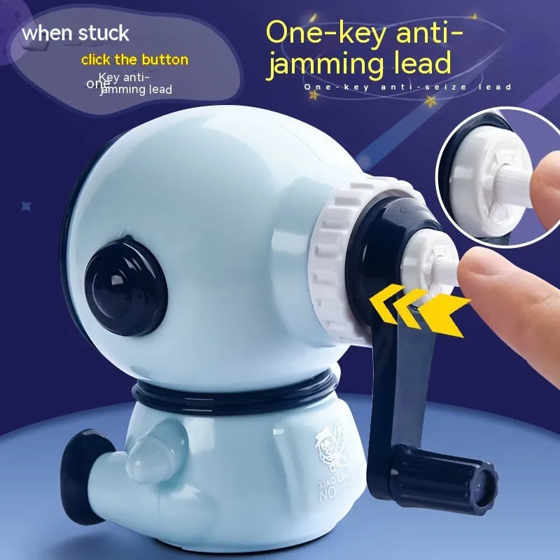 Blue cartoon astronaut manual pencil sharpener with anti-jam mechanism for children