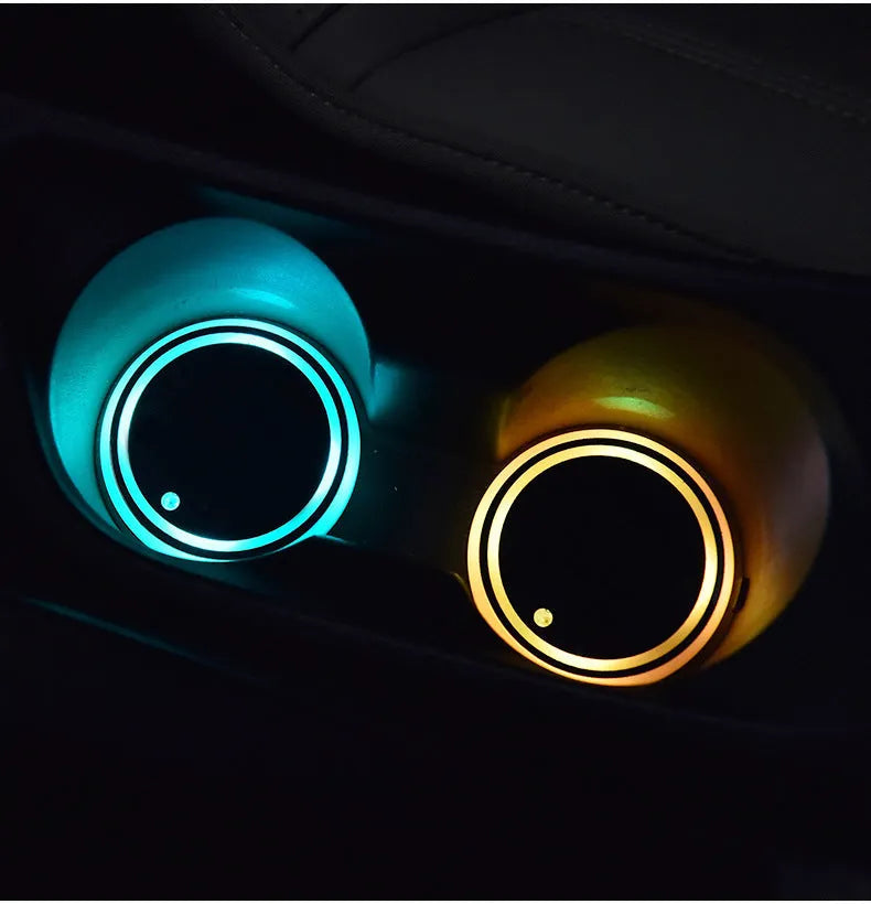 68mm LED cup holder coaster with 7-colour RGB lighting for cars, showing non-slip acrylic surface and USB charging port