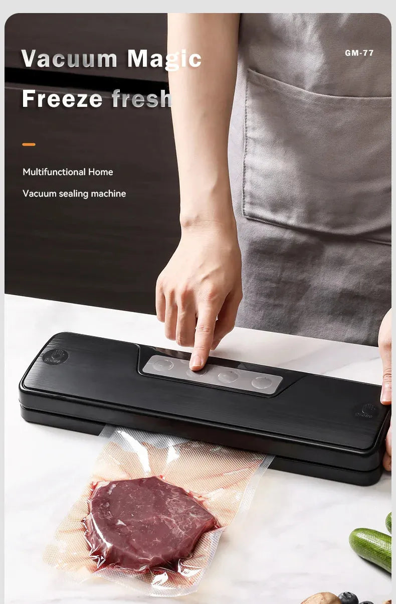 White automatic household vacuum sealer machine on a kitchen countertop.