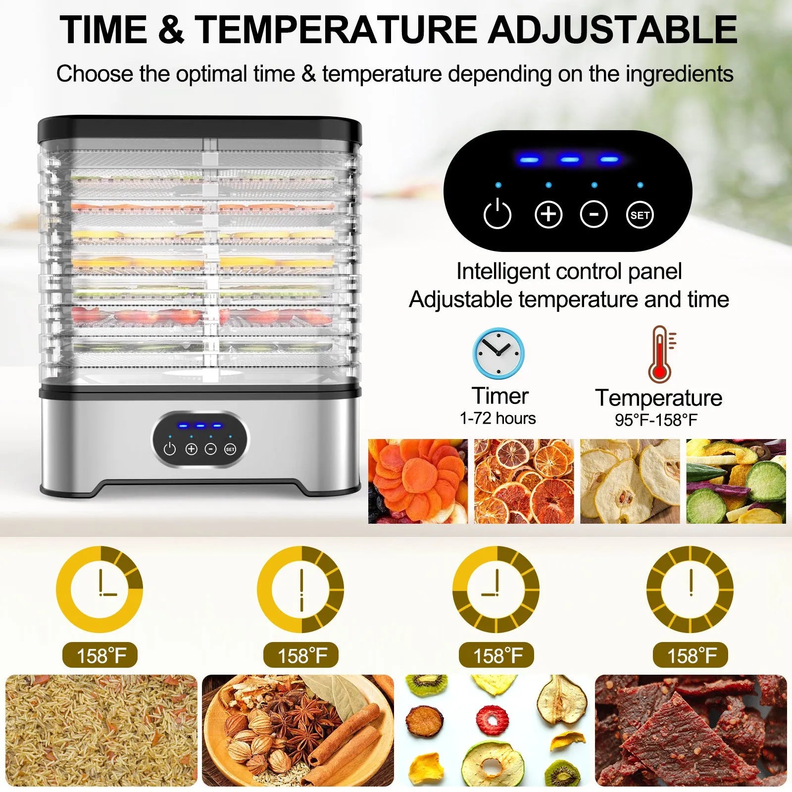 Silver and red household food dehydrator with eight stacking trays showing compact and expanded sizes.