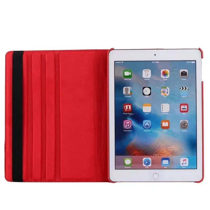 iPad rotating protective sleeve in imitation leather clamshell design showing colour options