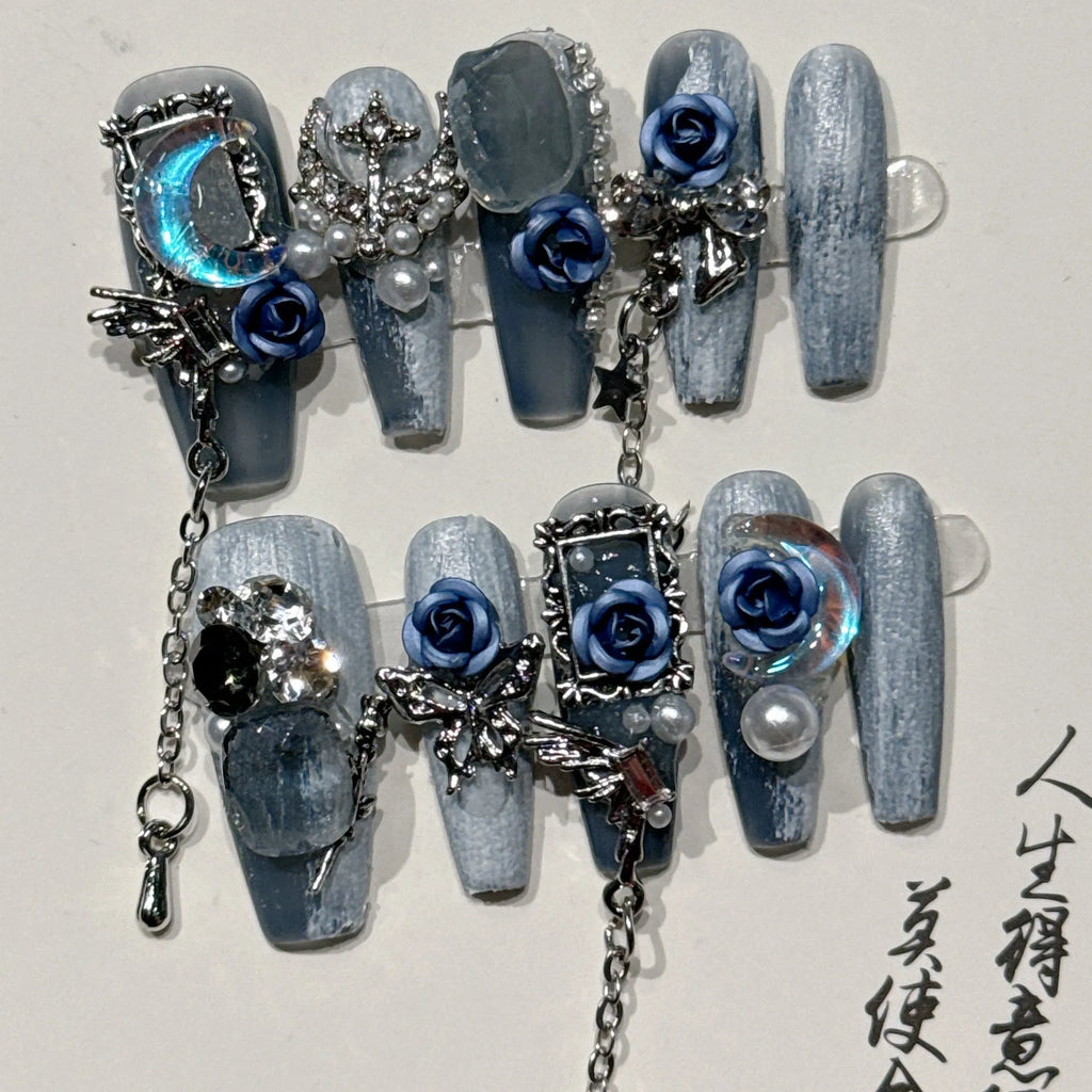 Heavy industry blue evening manicure set with ornate rose pattern and plastic armour suit