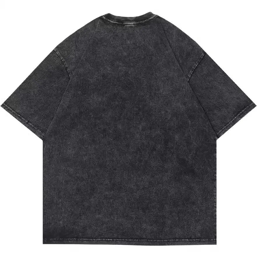 Men's loose fit retro cartoon print t-shirt in washed black with pure cotton fabric