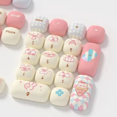 Sublimation printed cartoon pig party theme PBT keycap set for mechanical keyboards on a white background.