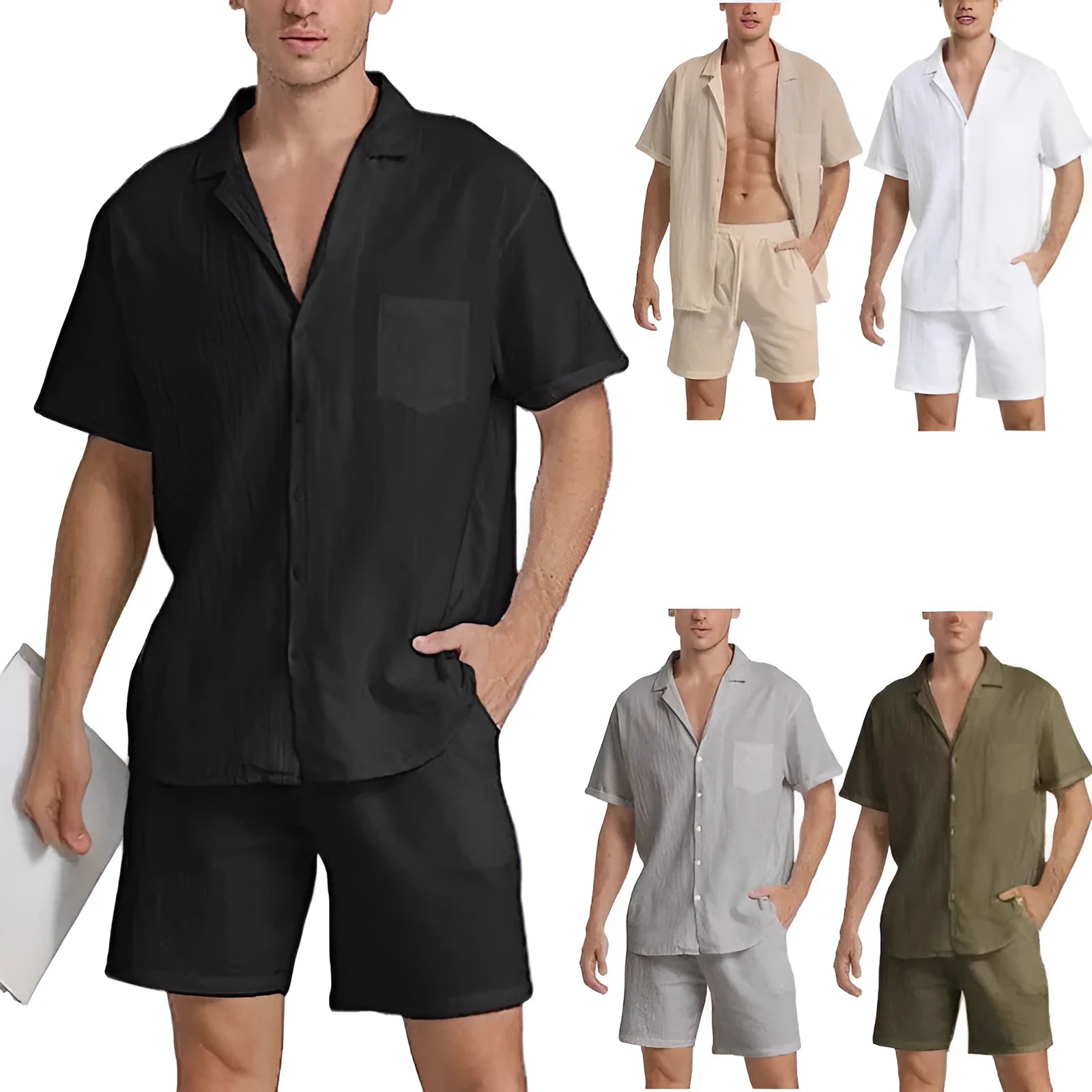 Men's summer sports shorts suit in flax, available in black white gray khaki and army green, sizes M to XXXL