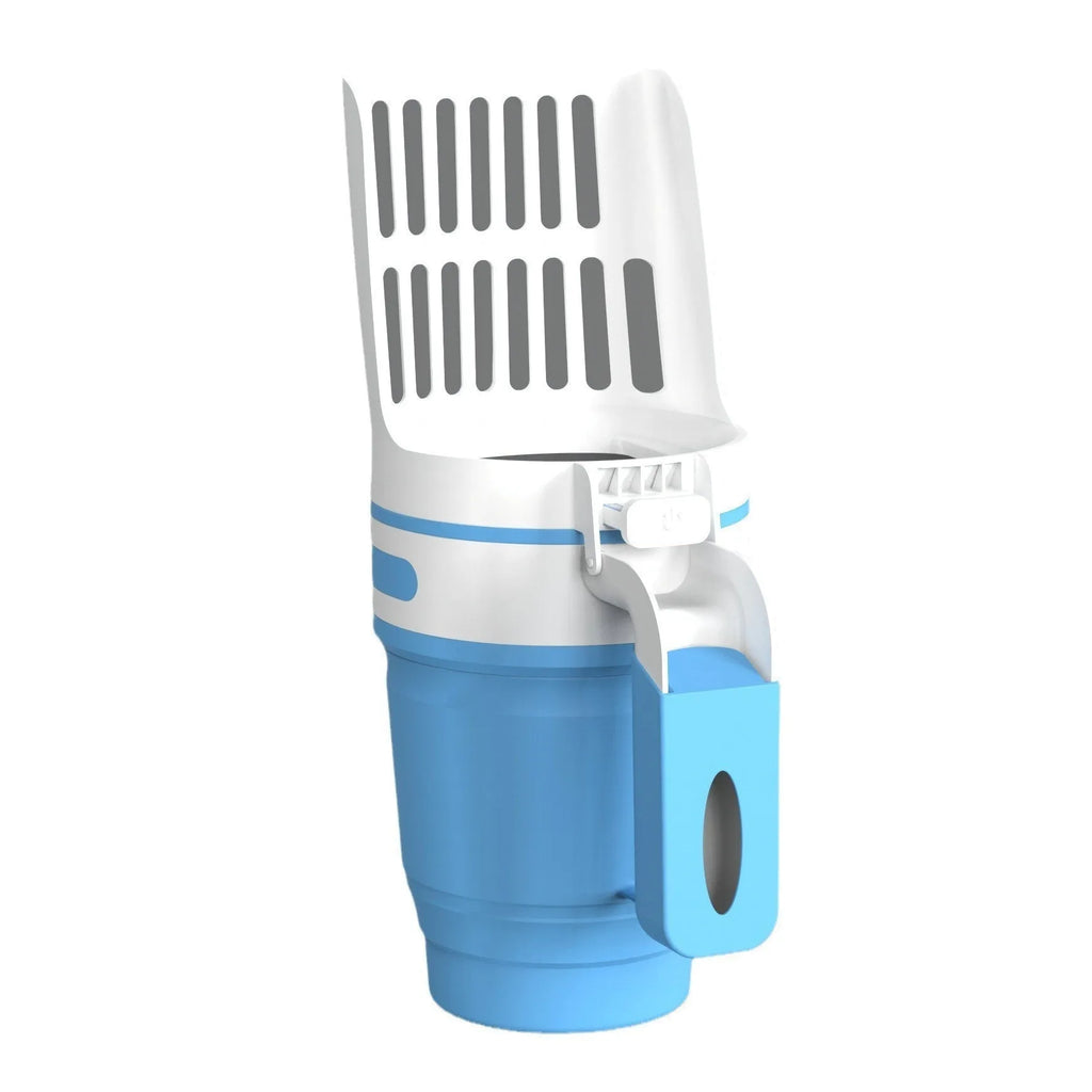 Grey cat litter scoop with attached waste bin and foldable bottom
