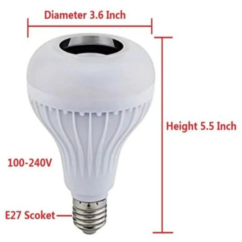 White E27 smart LED bulb with Bluetooth speaker and remote control for wireless light and music adjustment.