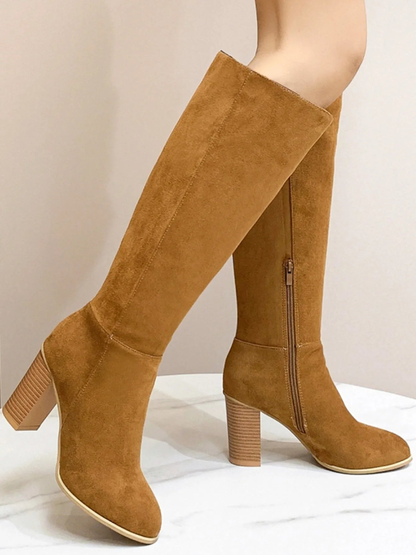 Women's black square toe high heel fashion boots with artificial PU upper