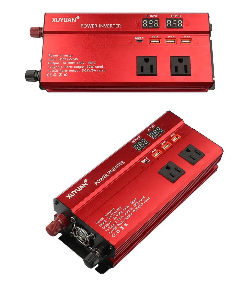 12V 24V to 110V 1200W car inverter with LED display, black, US outlet, air cooling fins visible