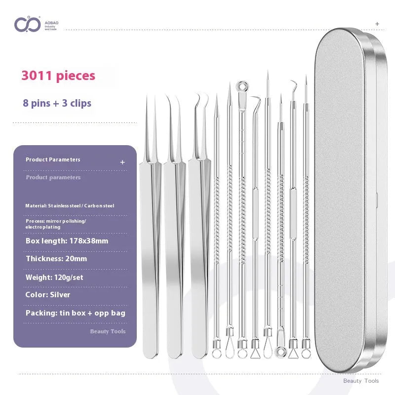 Four-piece stainless steel acne needle set with ultra-fine pointed tips and extraction clip on silver background