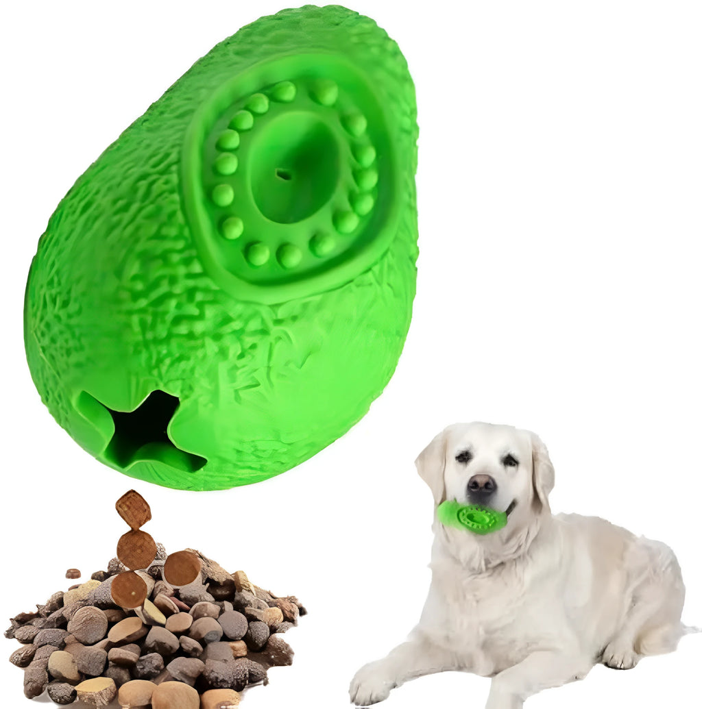 Green natural rubber dog chew toy with textured avocado design for aggressive chewers