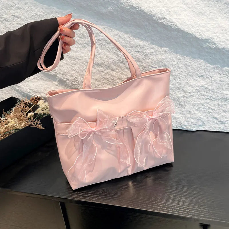 College style bow tote bag in black PU with double straps large capacity for women