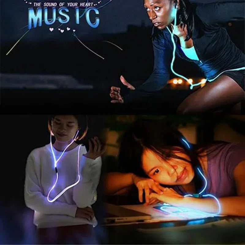 Blue Magic Light LED earphones with aluminium alloy shells and glowing cable connected to a phone.