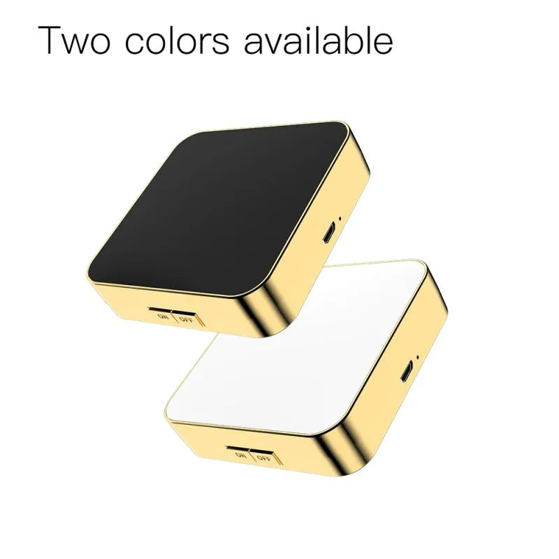 Dual-sided makeup mirror showing 4x magnification side and adjustable lighting controls in black finish