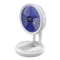 Blue USB foldable table fan with LED night light, pen holder, and four speed settings on a desk