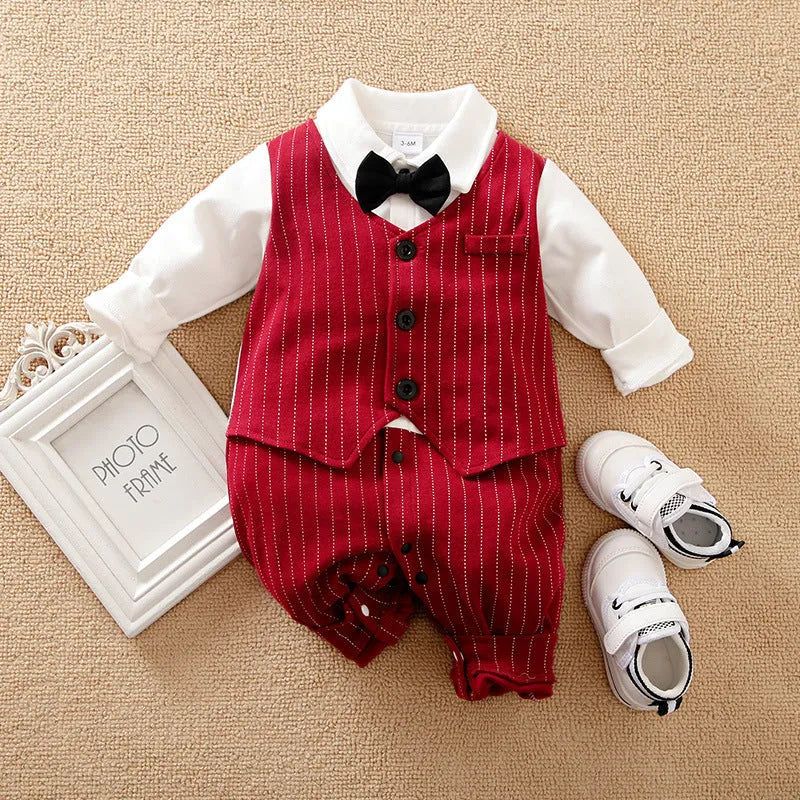 Wine red cotton baby boy romper with long sleeves and gentleman styling