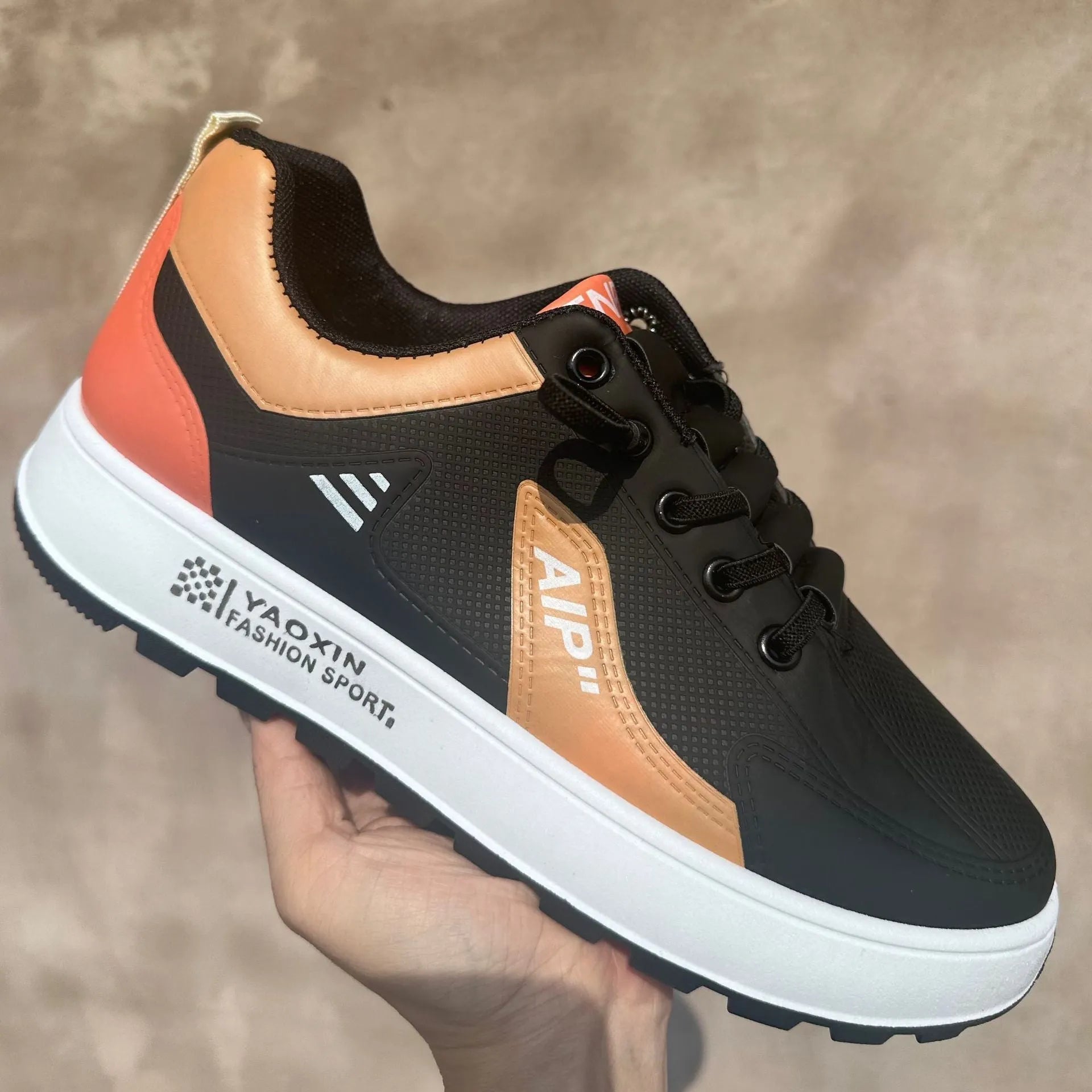Men's solid colour casual shoes with round toe and artificial PU upper in white-orange, white-black, and white-brown options.