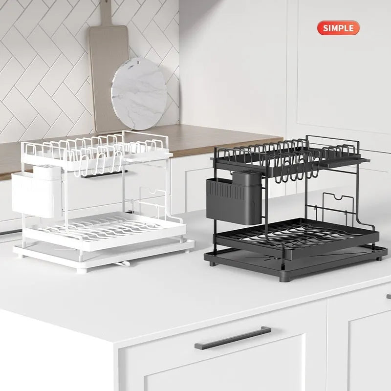 White and black double-layer kitchen storage rack with removable shelves made from carbon steel.