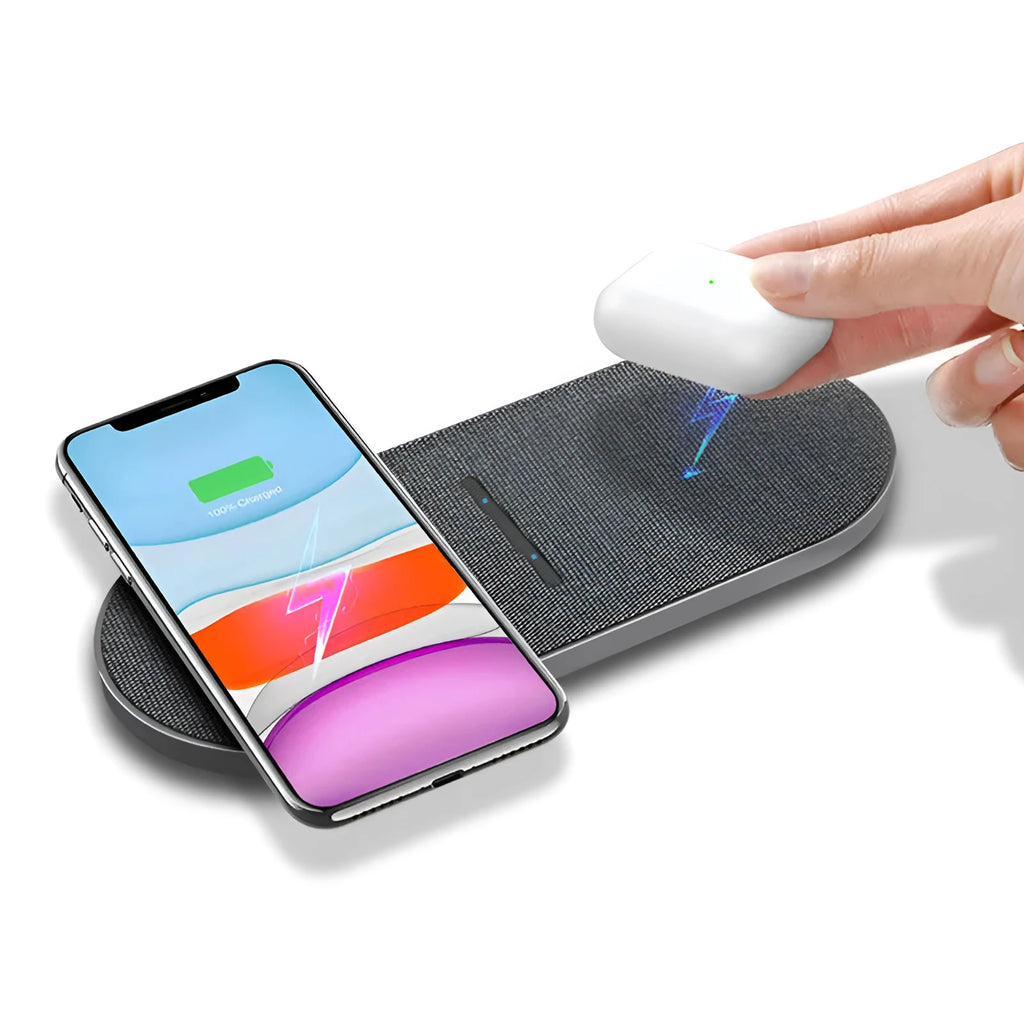 Black dual wireless charging pads with indicator lights showing 10W quick charging capability