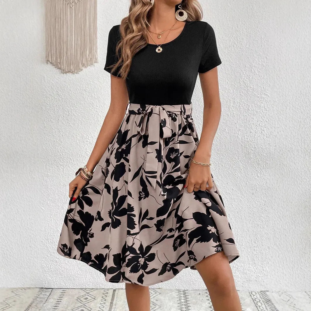 Women's printed A-line dress with lace-up design and shoulder straps in khaki colour