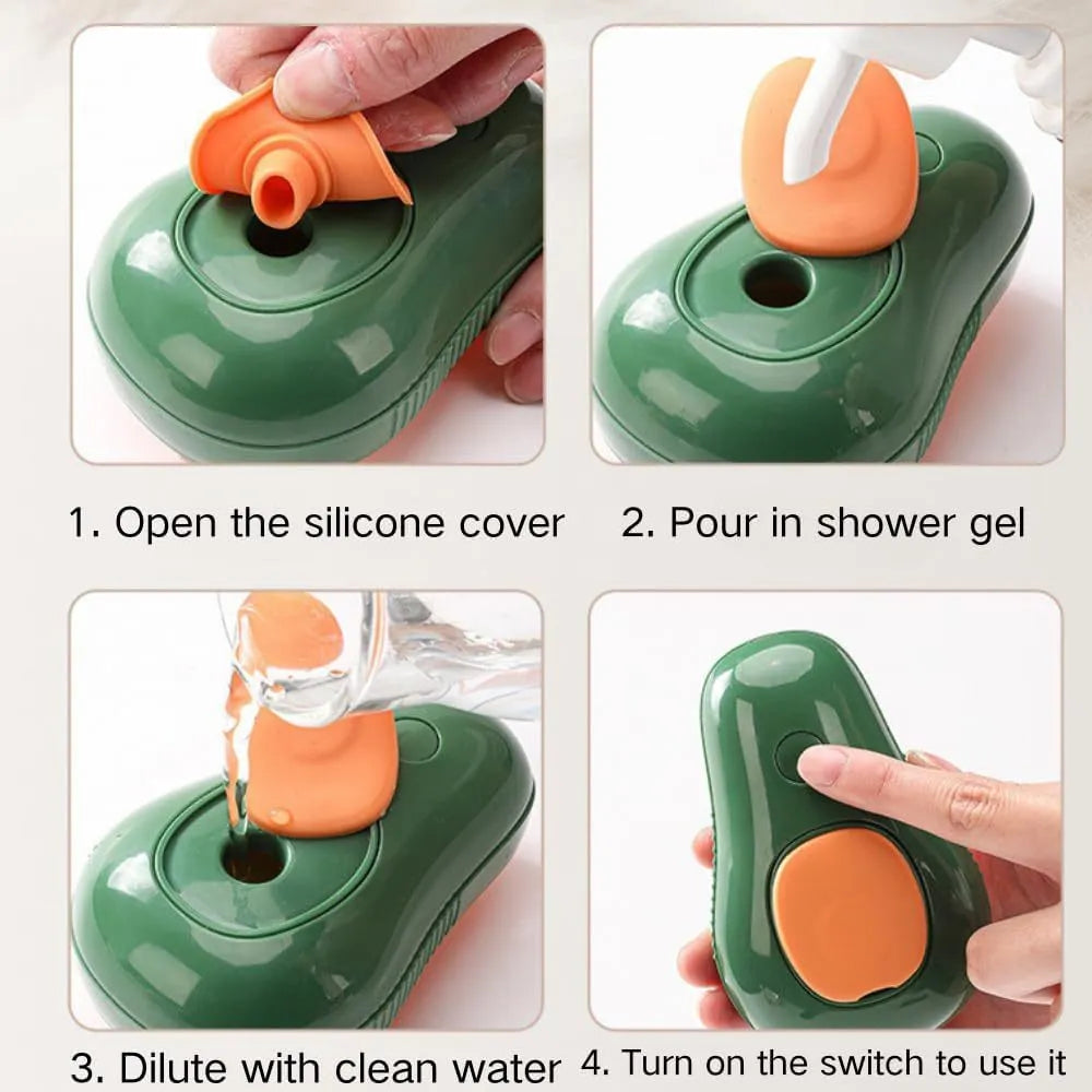 Green and white cat steam brush with silicone teeth and water spray function for pet grooming