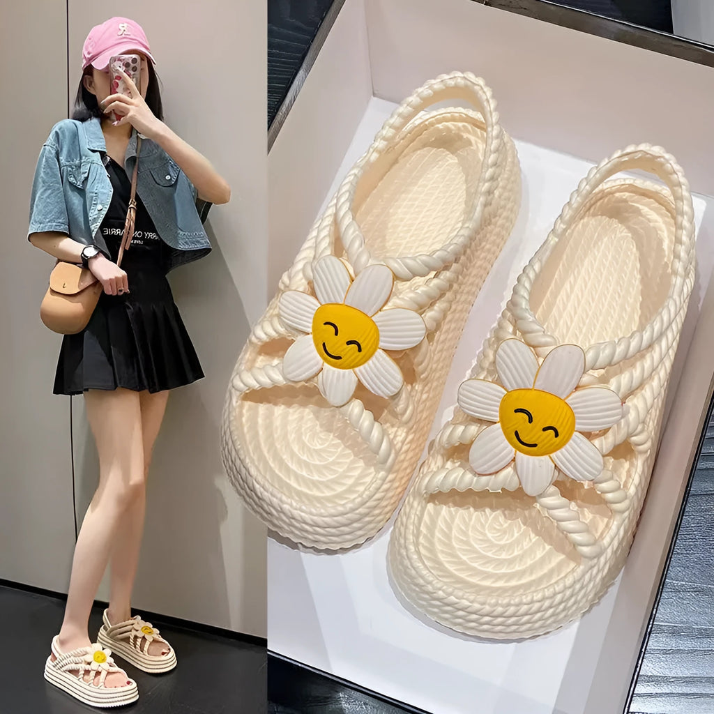 PVC non-slip sandals with flower pattern in beige, round head, lightweight design for women