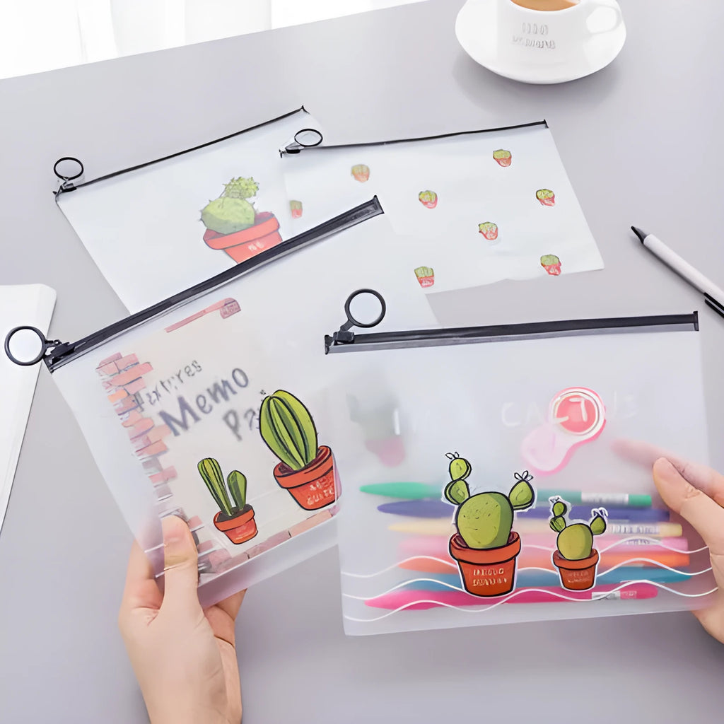 PVC pencil case with sealed closure, cactus print, 17.1x21.2cm, on a desk with stationery