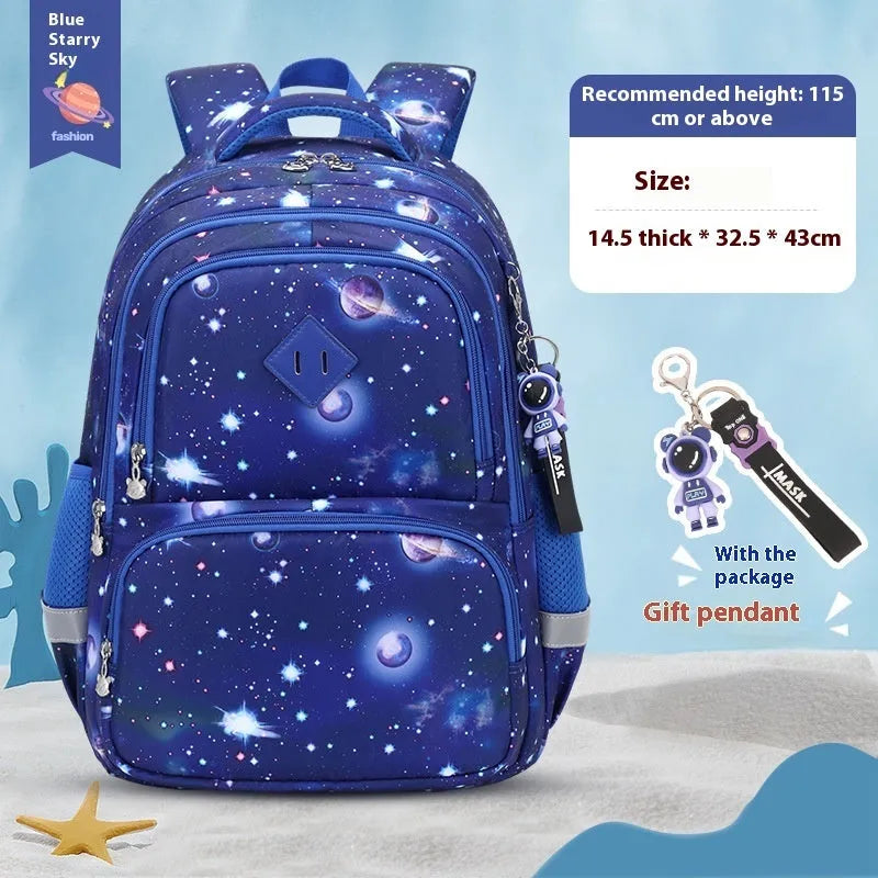 Children's waterproof school backpack with dinosaur pattern showing curved shoulder straps and spine protection feature