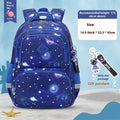 Children's waterproof school backpack with dinosaur pattern showing curved shoulder straps and spine protection feature