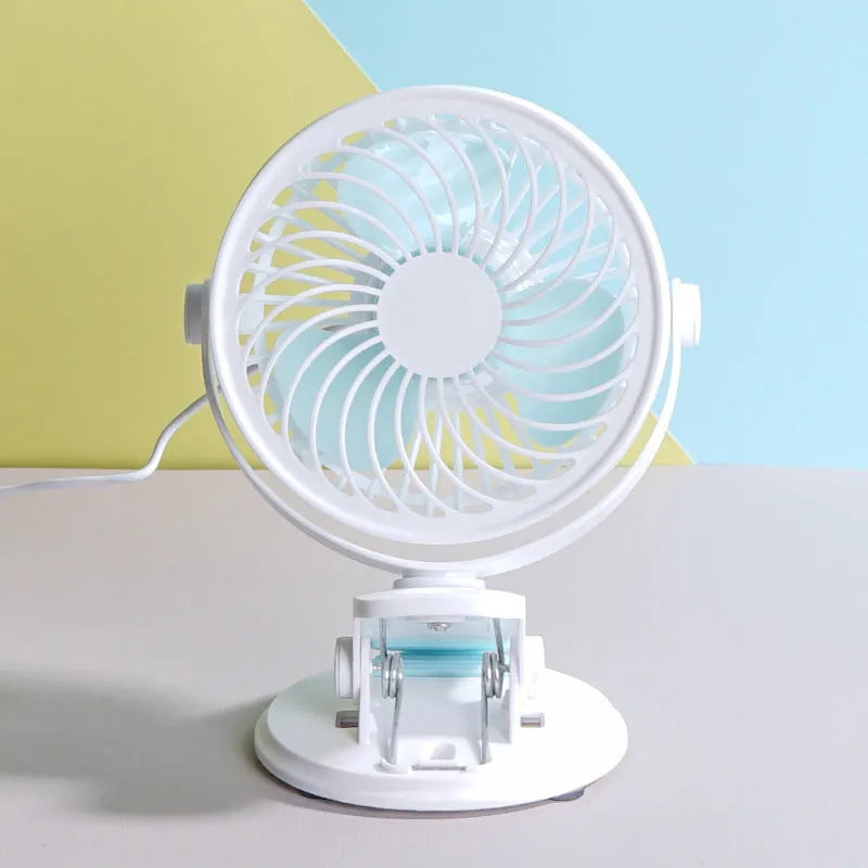 USB-powered desk fan with three blades, available in mini clip or floor styles
