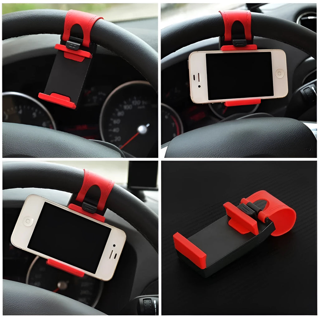 Black car steering wheel clip phone mount holder for iPhone and Android devices