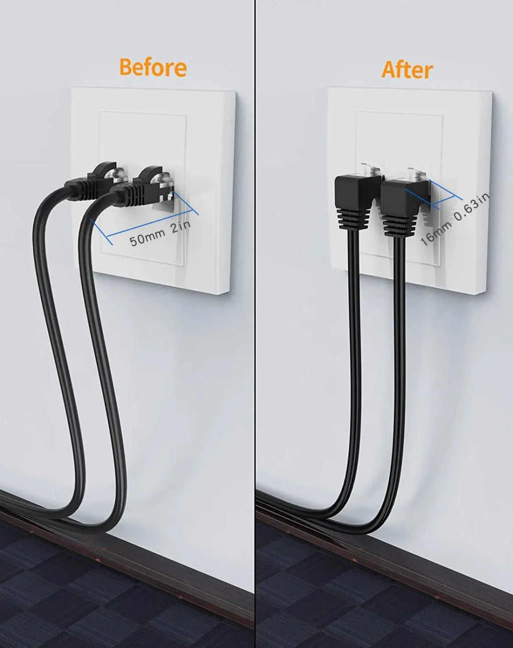Cat6 Ethernet cable with a right-angle RJ45 metal connector in black, showing length markings.