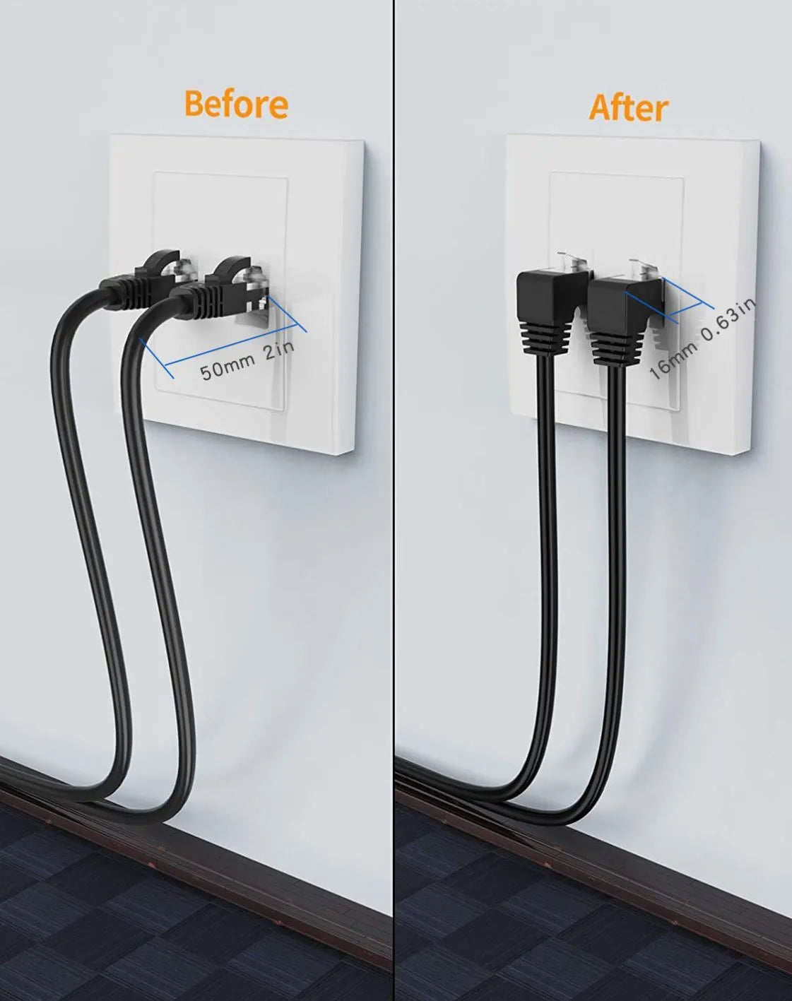 Cat6 Ethernet cable with a right-angle RJ45 metal connector in black, showing length markings.