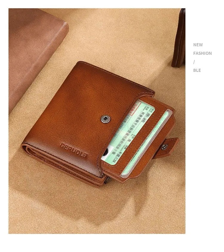 Men's multifunctional zipper small wallet in cowhide leather, large capacity, multiple card slots, anti-theft, yellow brown colour