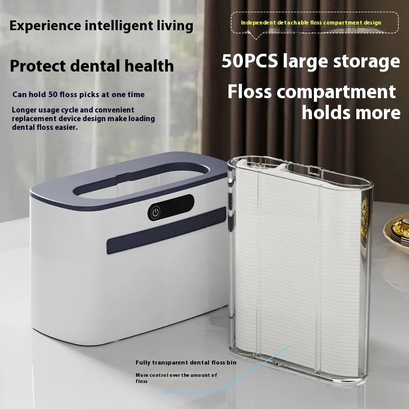 Intelligent induction automatic pop-up rechargeable dental floss box in plastic dark gray finish with floss spool