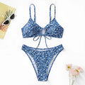 Blue women's polyester swimsuit set with tank top and shorts, no steel ring.