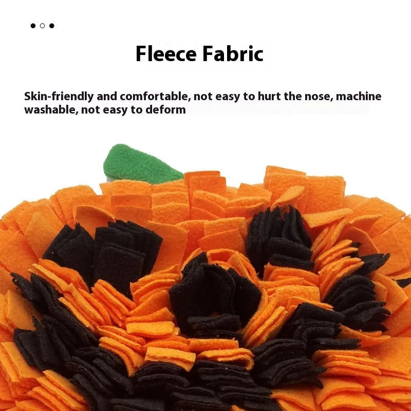 Orange pumpkin-shaped pet smell mat with textured polar fleece surface for slow feeding