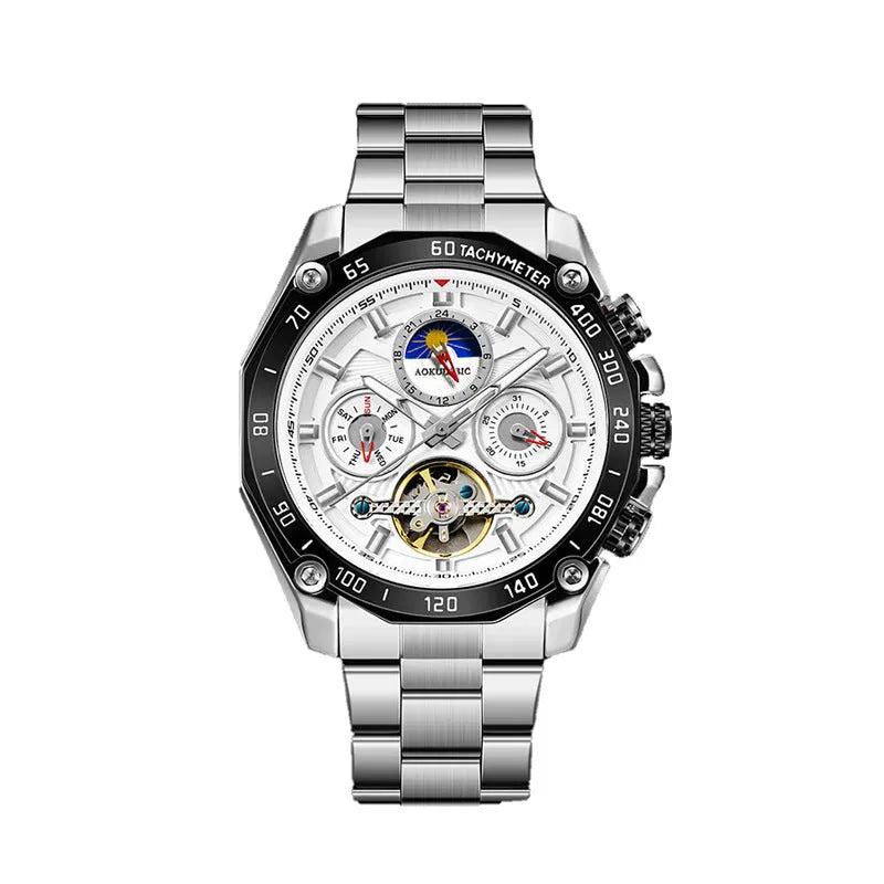 Men's automatic mechanical watch with silver case and white dial showing 12mm thickness